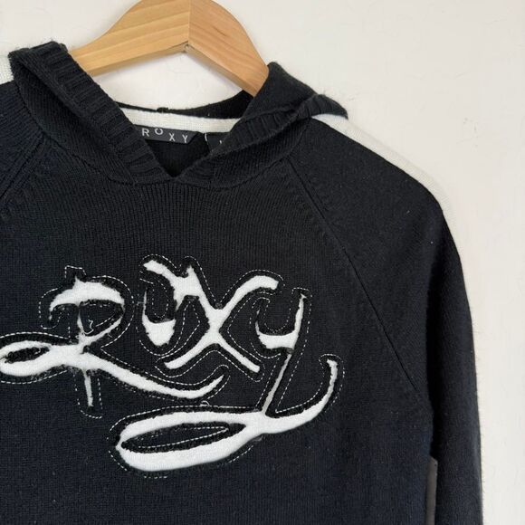 Vintage Y2K Roxy knit hoodie pullover late 1990's / early 2000's black white - Picture 3 of 6